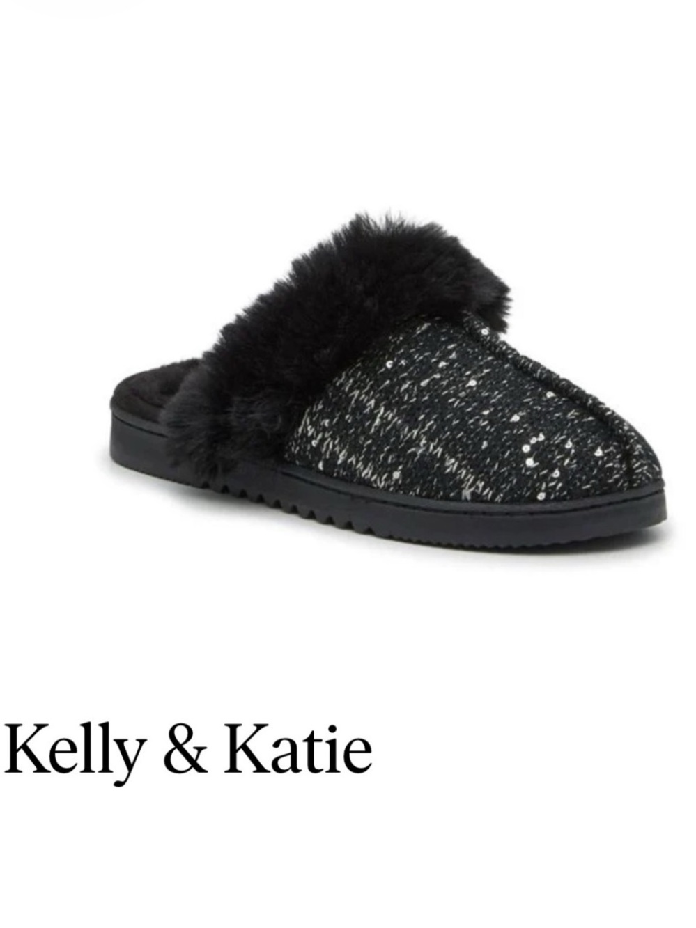 Kelly & Katie Black Knit Faux-Fur Trim Slide Slipper Size M (7-8) NWT!